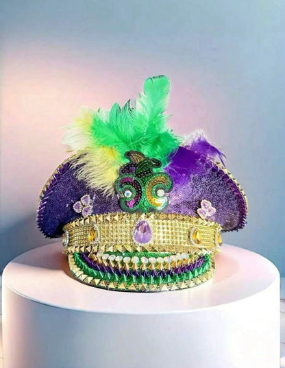 MARDI GRAS Fleur De Lis FEATHER CAPTAIN HAT