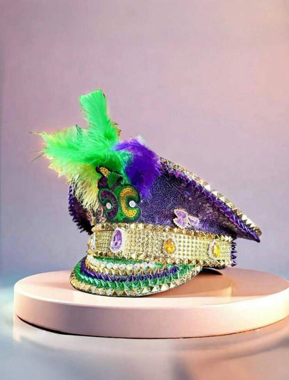 MARDI GRAS Fleur De Lis FEATHER CAPTAIN HAT