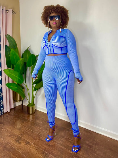 Seamless Striped Zip Up Jacket and Leggings Set (Blue)