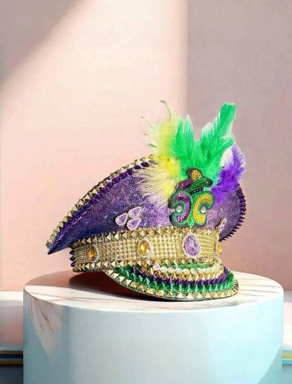 MARDI GRAS Fleur De Lis FEATHER CAPTAIN HAT