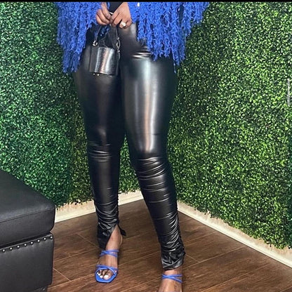 Plus Size Faux Leather Leggings for Womens Girls High Waisted Slim Fit  Pleated Leather Pants Trousers 